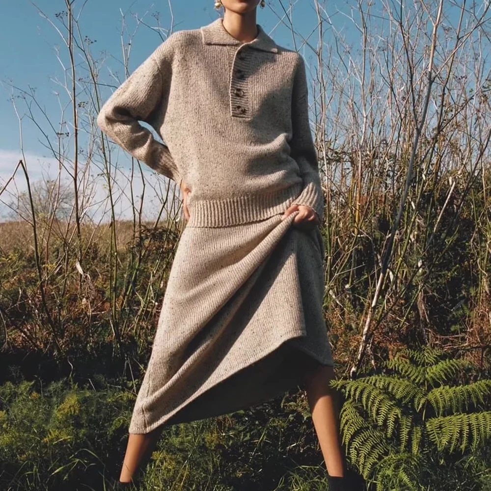 

xikom 2021 Autumn Women Vintage Casual Two-Piece Set Loose Pullover Sweater Female Streetwear Knitted High Waist Midi Skirt Set