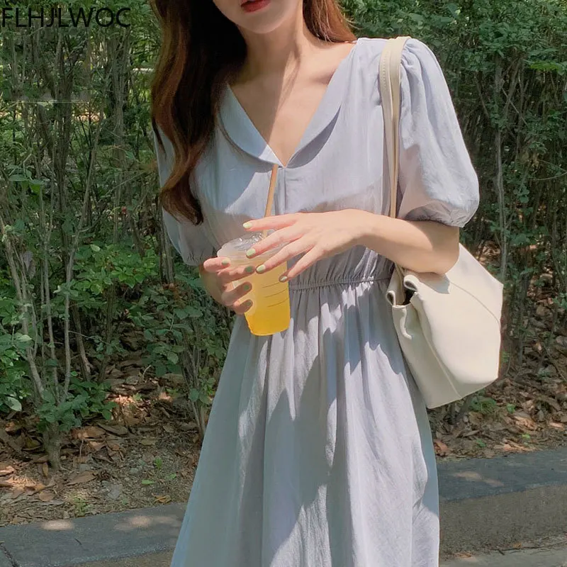 

Корейское шикарное модное женское однотонное синее милое ТРАПЕЦИЕВИДНОЕ романтичное длинное платье-рубашка в японском стиле