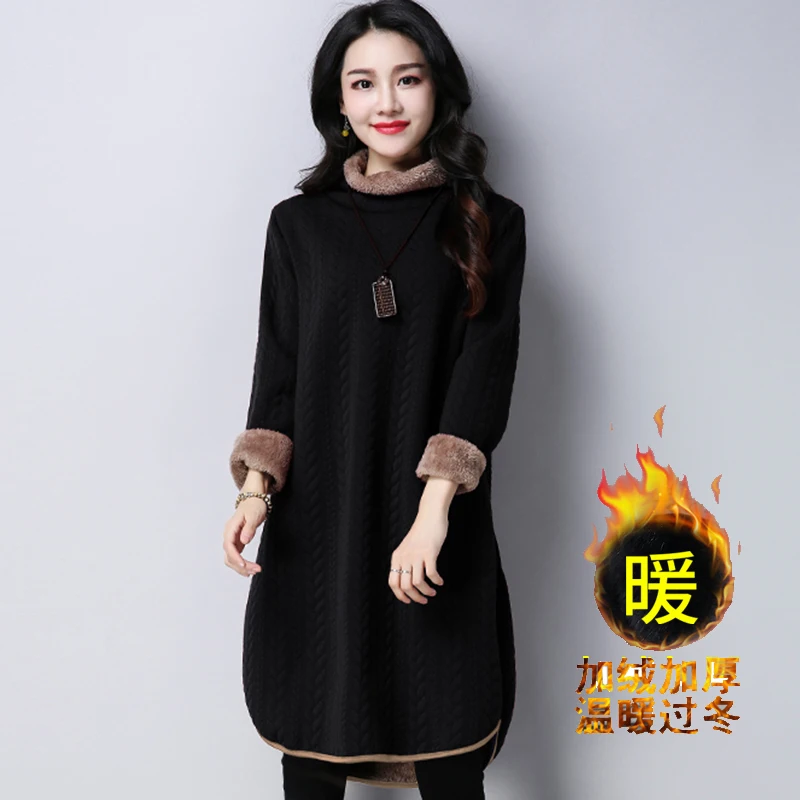 Women's winter dress 2019 High collar A-line Thicken velvet plus-size Fashion Retro keep warm loose casual | Женская одежда