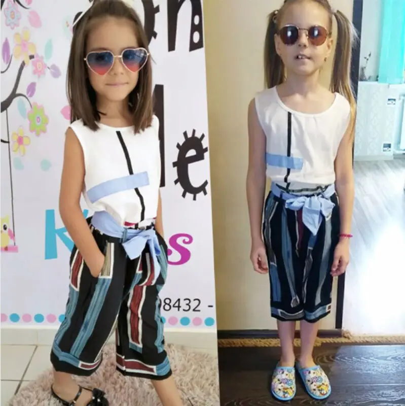 Детская летняя модная одежда для девочек Футболка с геометрическим рисунком топ