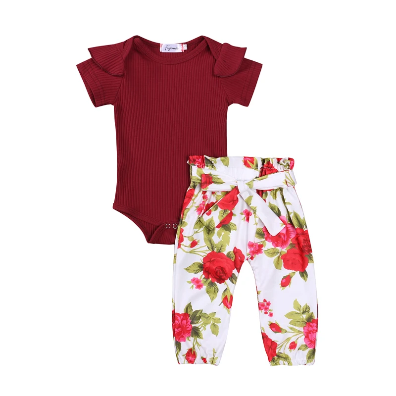 

Pudcoco 0-24M 2Pcs Baby Girls Infant Kids Summer Ruffles Bodysuit Top+Lace-Up Floral Print Pants Trouser Casual Outfit Set