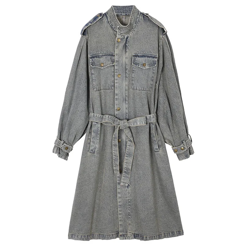 

Denim Windbreaker Trench Coat Girl 2020 Autumn New Standing Collar Loose And Thin Medium Long Streetwear Female Jacketcoats