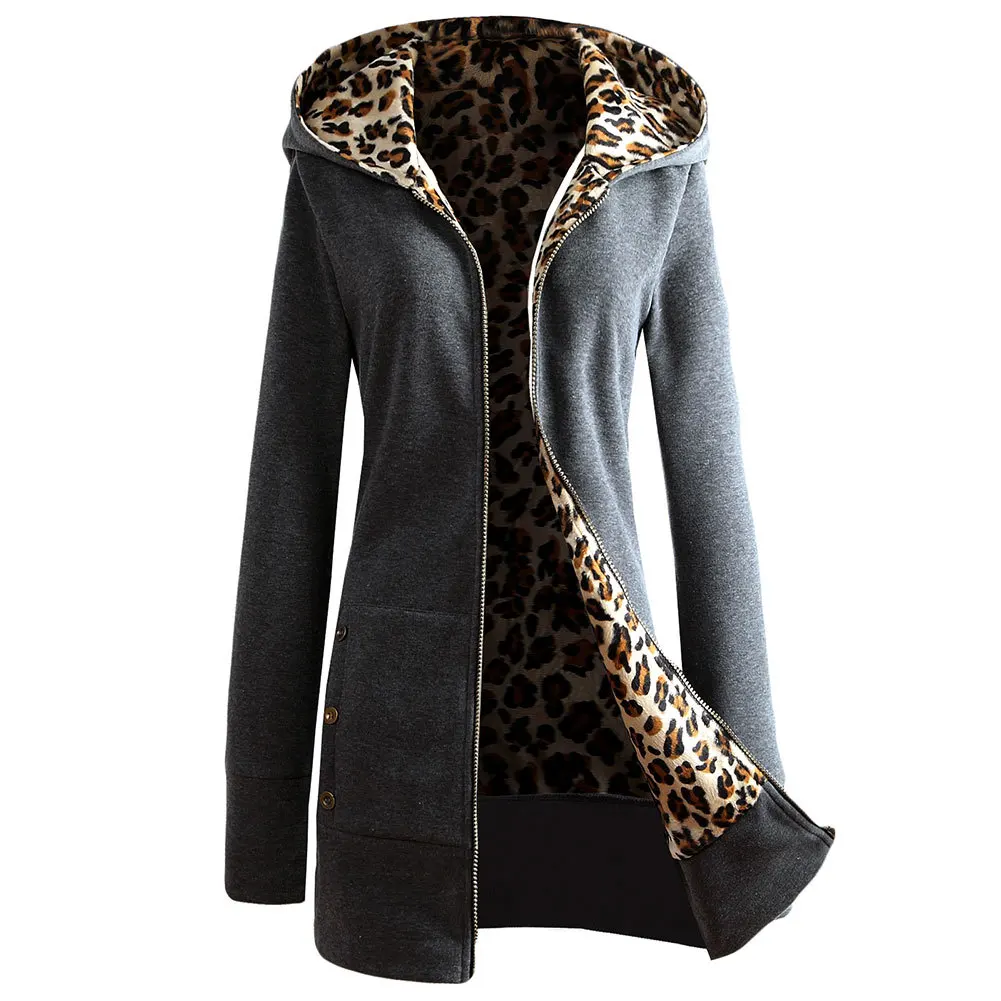 

The latest fashion women's hooded thick leopard print sweater + jacket casual long-sleeved mid-length plus velvet winter hoodie