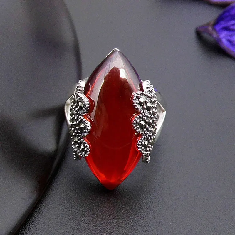 

FNJ 925 Silver MARCASITE Ring for Women Jewelry 100% Original Pure S925 Silver Sterling Ring Red Zircon Natural Yellow Agate