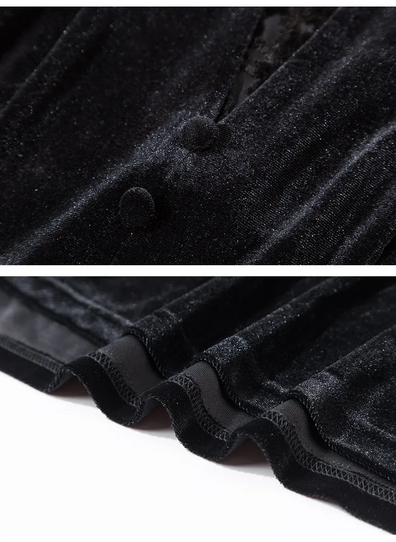 

Long 2021 Spring Casual Sleeve Lace Patchwork Velvet Black Dress Women