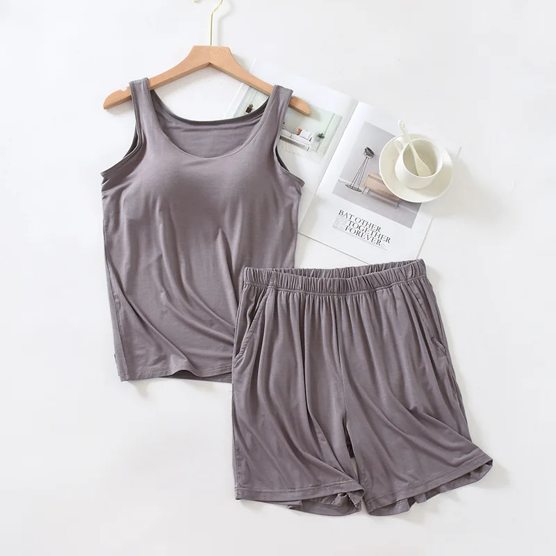New Sleeveless Sexy Top + Shorts Sleepwear Set Modal Cotton Pajamas Women Bra Padded Nightwear Pijamas Comfortable Night Suit