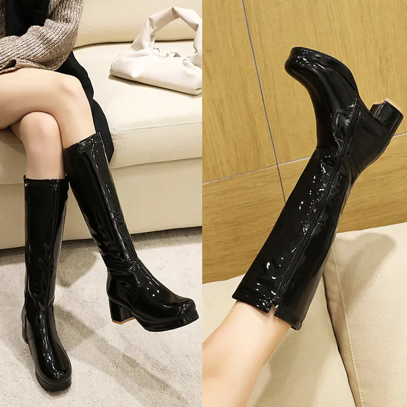 

Autumn Winter Fluorescent Green Lolita Women's Boots Fashion Zipper Patent Leather Knee High Boots Comfort Square Low Heel Shoes