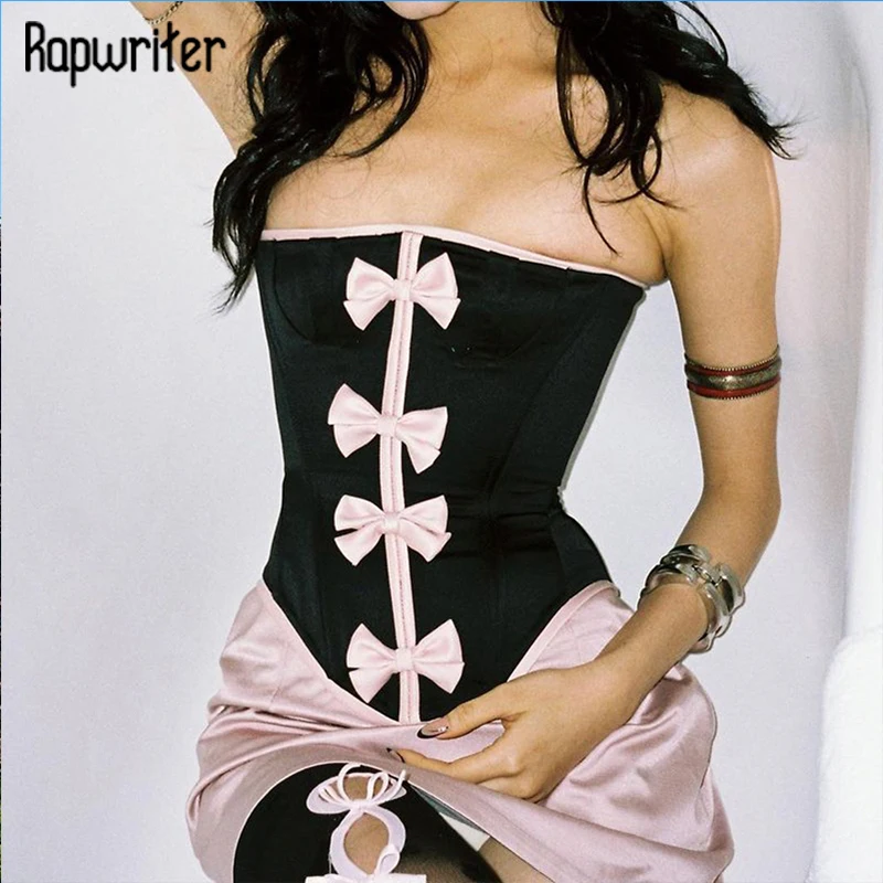 

Rapwriter y2k Mini Bow Patched Corset Women Skinny Strapeless Tube Top Vintage Drape Mini Vest Sexy Nightclub Bustier Partywear