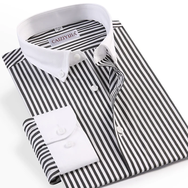 

HYHY Men's Patchwork Collar Long Sleeve Striped Dress Shirt Pocket-less Design 100% Cotton Casual Standard-fit Button-down Shirt