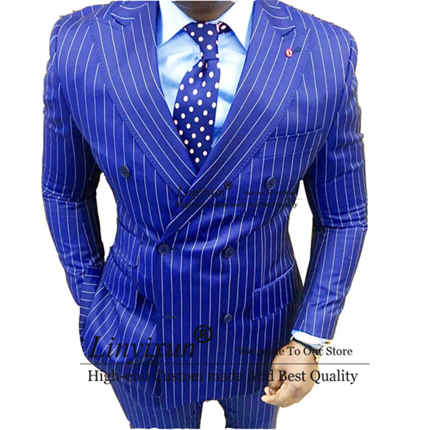 

Latest Coat Pant Designs Royal Blue Stripe Groom Tuxedos Double Breasted Men Suits 2 Pieces Business Male Blazer Pants Outfit