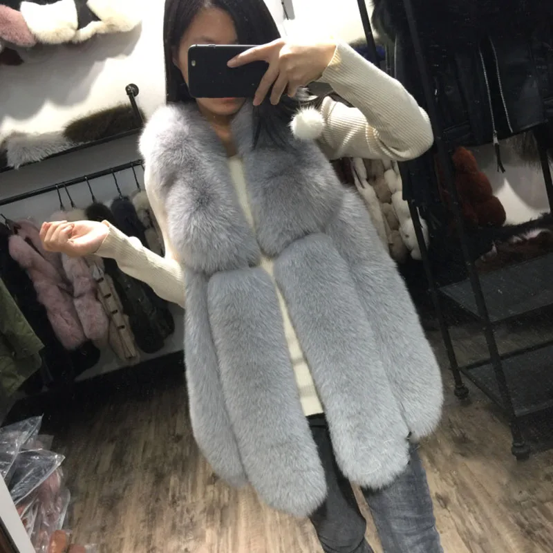 

Faux Fox Fur Vest Coat Mid Length 2021 New Veste Fourrure Femme Fluffy Russian Fashion Sleeveless Street Winter Teddy Jackets