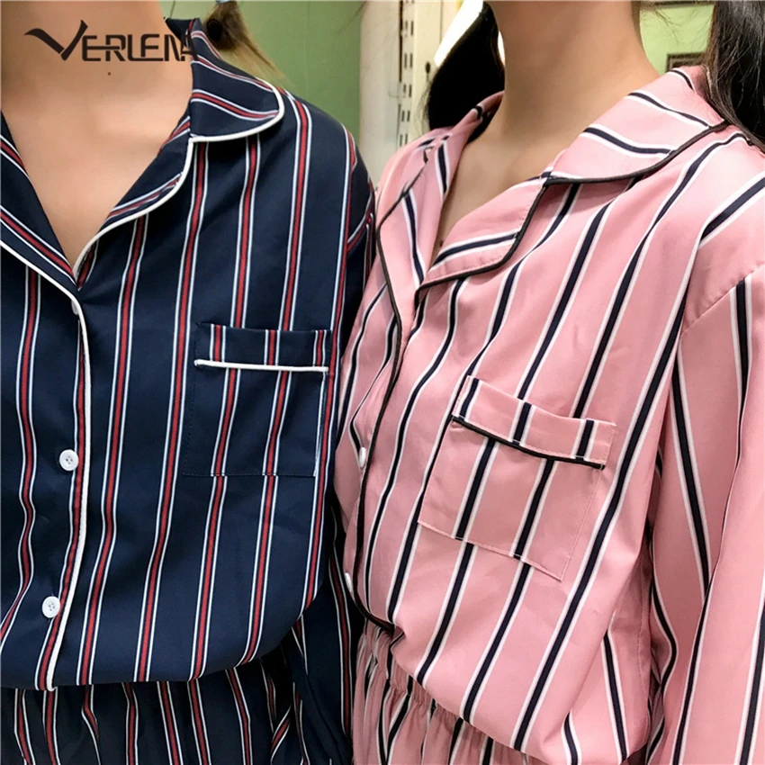Verlena, розовая пижама с вертикальной полоской, Женская атласная пижама, комплект из двух предметов, пижама с карманами, Корейская Пижама для девочек, женская пижама