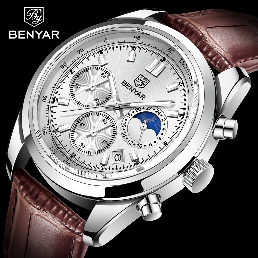 

BENYAR New Men Watch 30ATM Waterproof Stainless Steel Quartz Wristwatches Luxury Leather Military Chronograph Watch reloj hombre