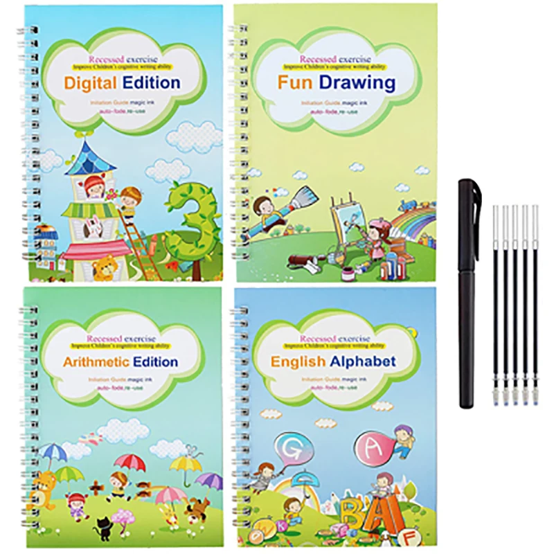 

4 Books + Pen Magic Practice Book Free Wiping Children's Toy Writing Sticker English Copybook For Calligraphy Montessori Toys