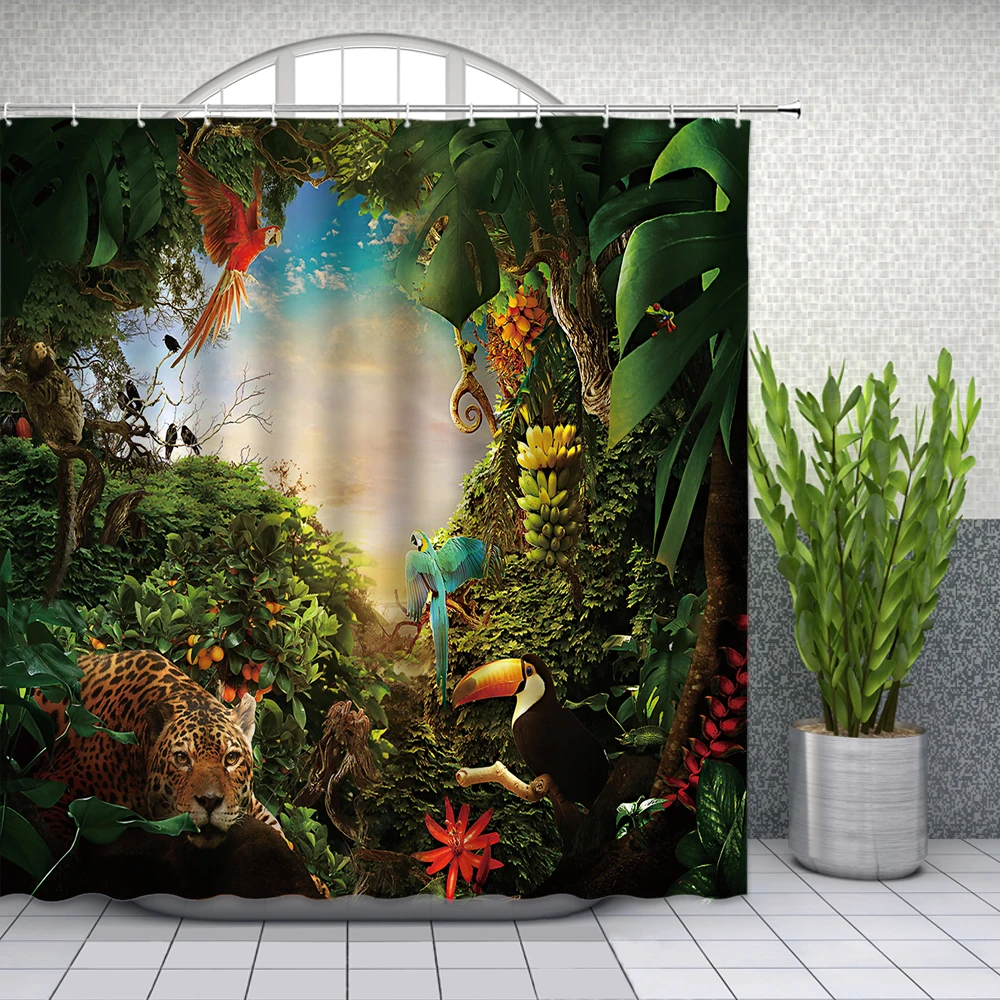 

Tropical Jungle Landscape Shower Curtains Bathroom Decor Wild Animal Deer Parrot Toucan Leopard Home Bathtub Polyester Curtain