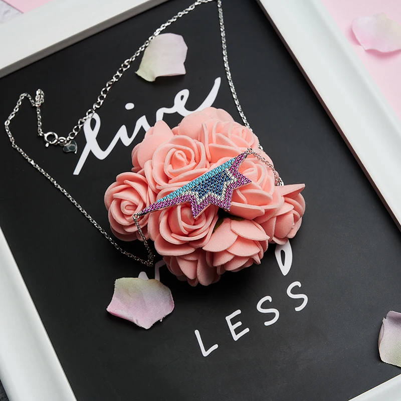 

Красочное серебряное ожерелье HYH Стразы, модная цепочка из стерлингового серебра 925 пробы, кулон в виде пятиугольника для девушки, для выпус...