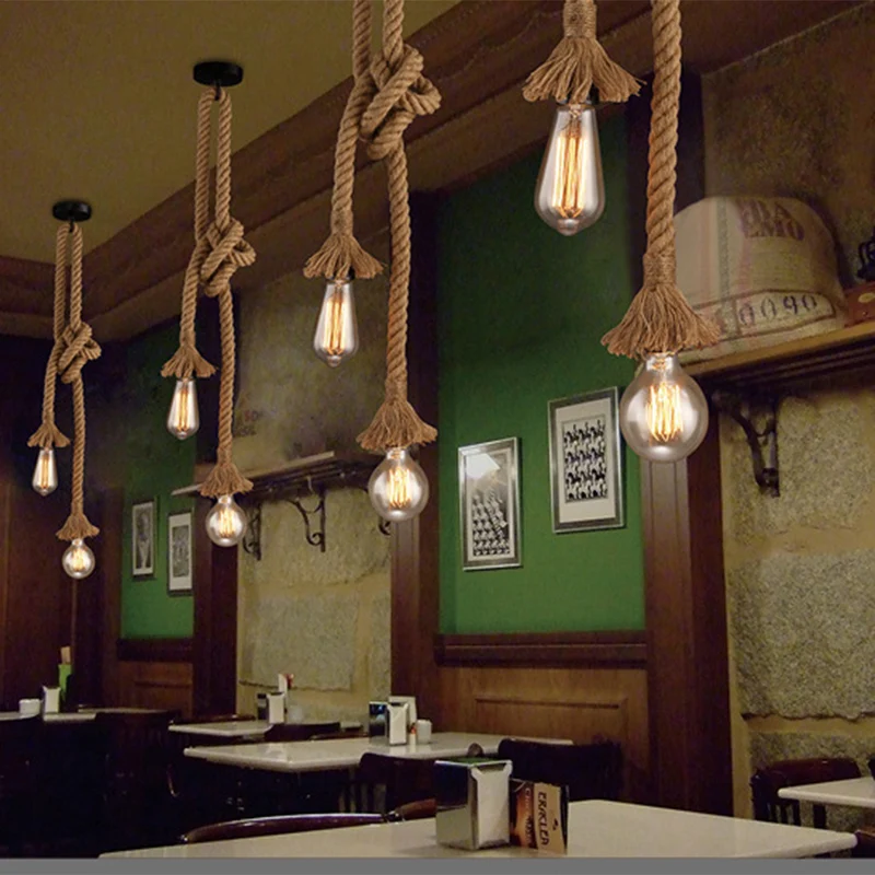 Винтажный Ретро подвесной светильник s из пеньковой веревки промышленный