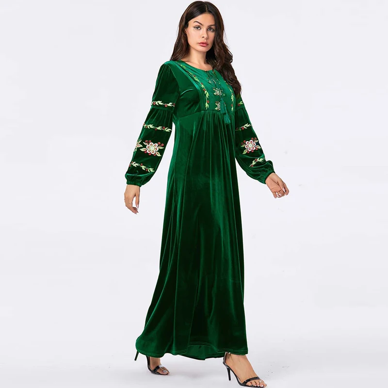 Цветочные бархатные abaya для женщин Дубай мусульманский кафтан женская одежда зима осень длинное платье Зеленый Кафтан vestido manga larga