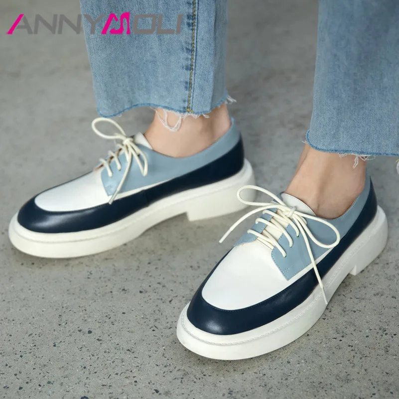 ANNYMOLI Natural Genuine Leather Flats Shoes Women Round Toe Casual Flats Cross Tied Flats Dress Female Footwear 2021 Spring New