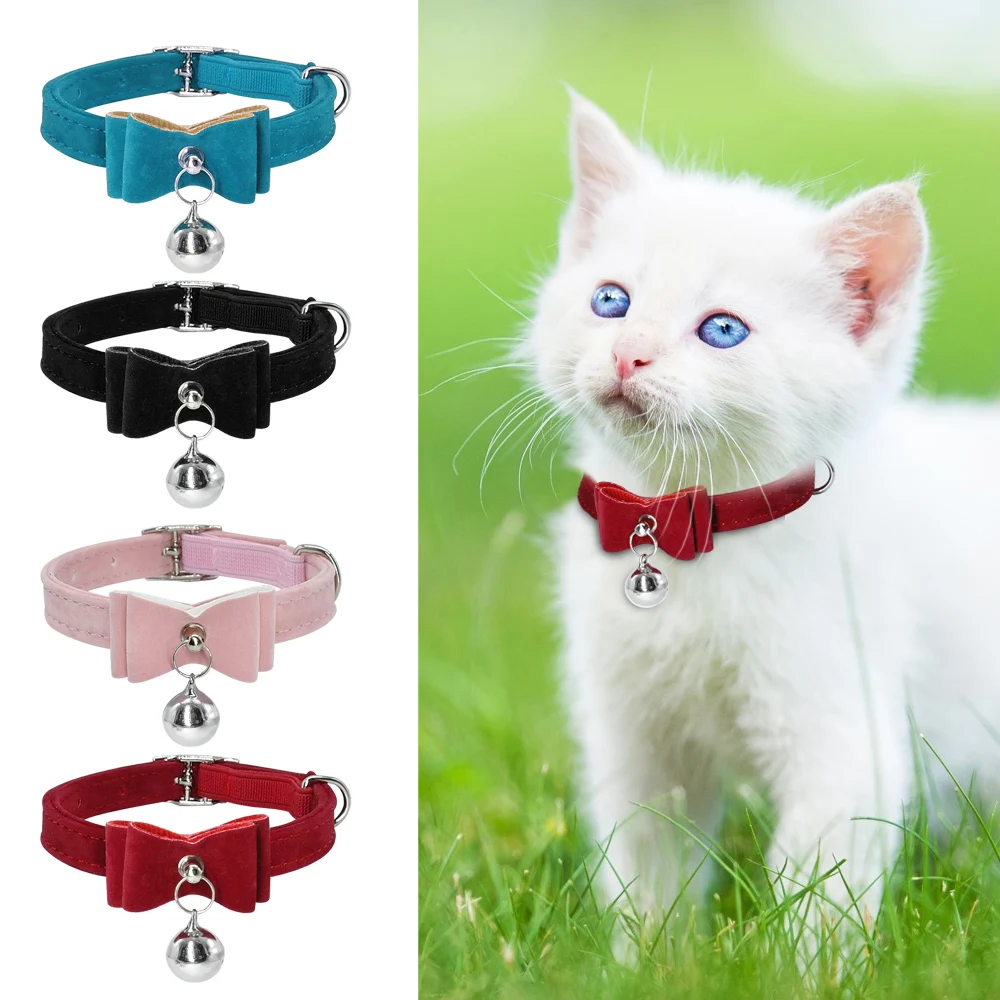 

Cute Small Puppy Cat Collars Velvet Bowknot Kitten Cat Collar Bowknot Necklace With Bell For Dogs Cats Chihuahua Yorkie Pink