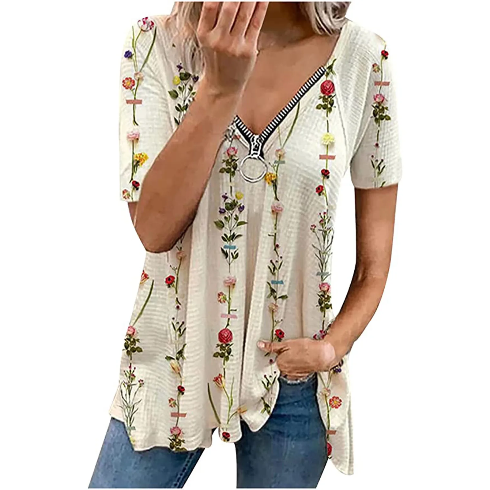 

Women's Top Casual Short-sleeved Sexy Zipper V-neck Shirt Fashion Top Women Short Sleeve Shirt Blusas