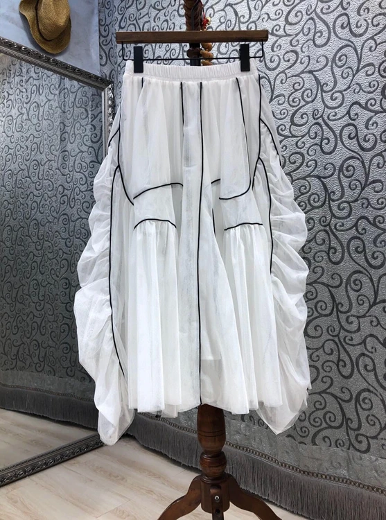 

2021 new women fashion sexy elastic waist and white stripe decoration micro puffy wrinkled long skirt 517