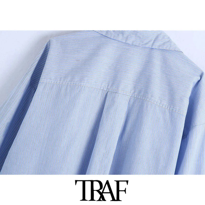 

TRAF Women Fashion Oversized Striped Asymmetric Blouse Vintage Long Sleeve Button-up Female Shirts Blusas Chic Tops