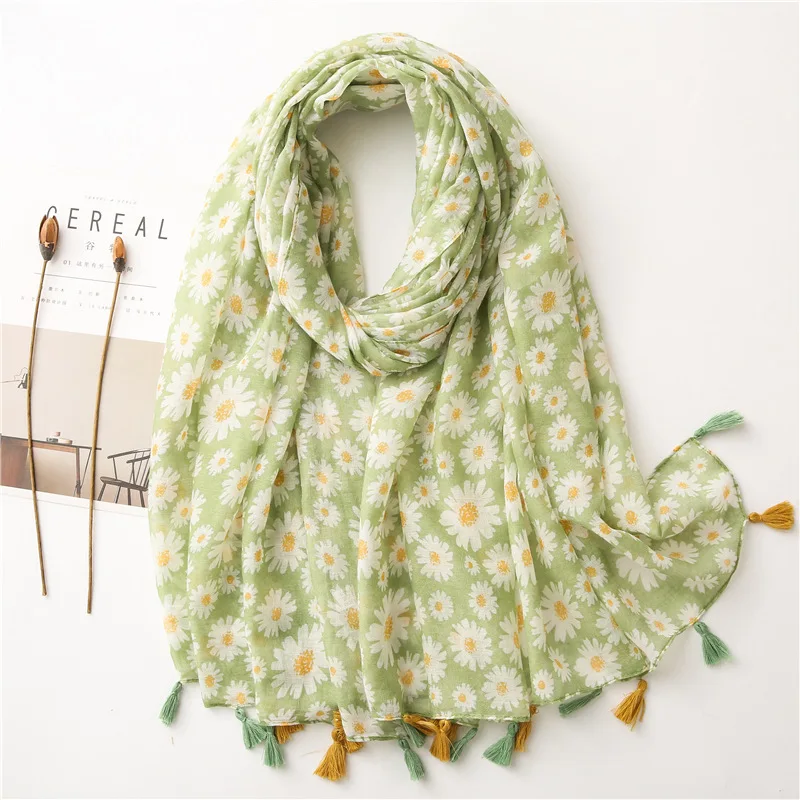 

2020 New Women Daisy Floral Pattern Cotton Tassel Scarf 10pcs/lot