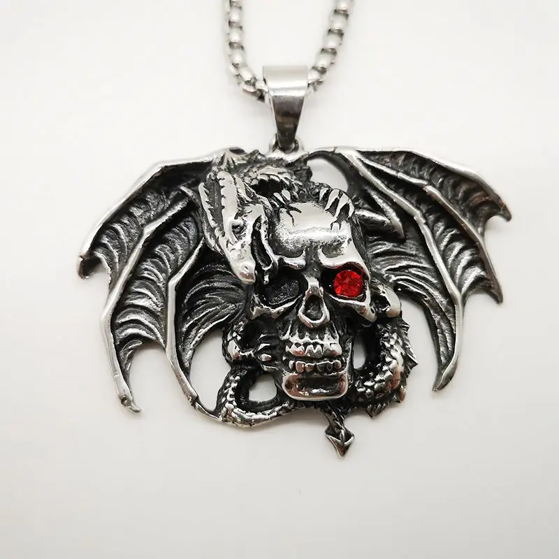 316L Нержавеющая сталь Птерозавр ожерелье с кулоном череп красными глазами и
