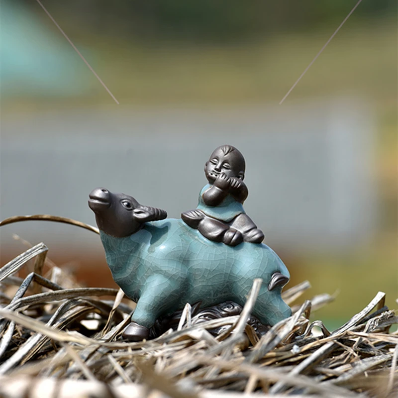 

creative tea pet table decoration home garden ornament kid on cattle porcelain tea play crackle glaze craft on sales in China