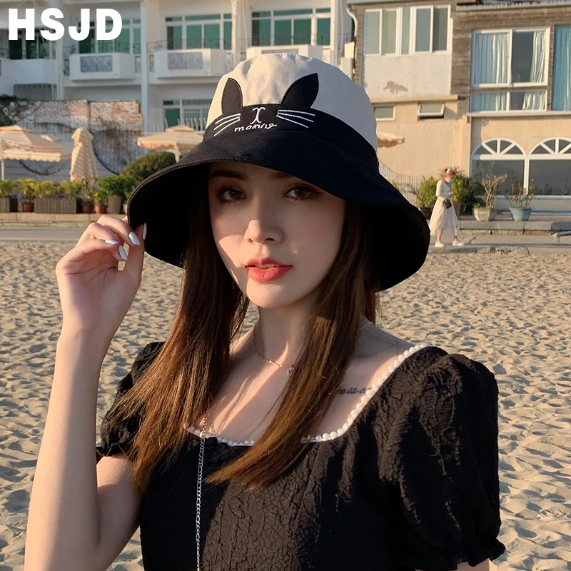 Cute Lovely Cat Ears Bucket Hat Summer Women's Hats Wide Brim Foldable Anti-UV Sun Beach Caps Panama Female Floppy Fisherman Cap