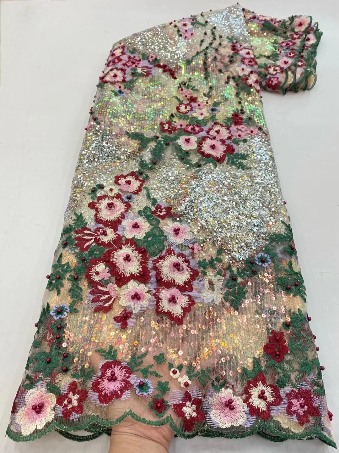 

Beautiful Embroidery Flower Beaded Sequined Tulle Lace Fabric 5 Yards 2021 Latest High Quality French Lace Fabric JJ-SZ0405