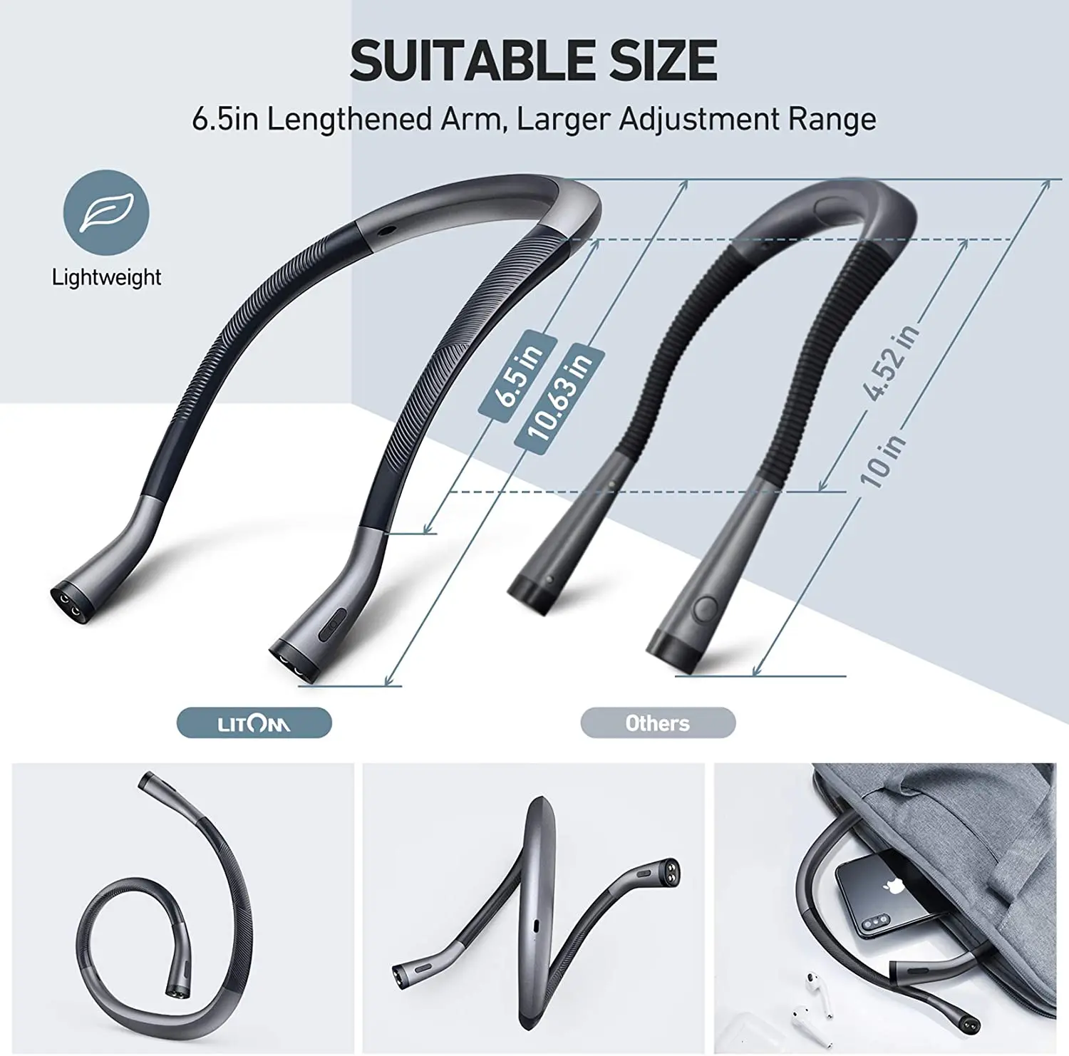 Портативный шейный светильник LITOM с 4 светодиодный 6 яркостей защита глаз USB C