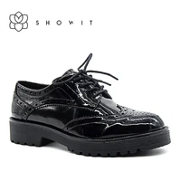 black faux patent leather middle heels bottom platform shoes lady oxford leather flats lace up footwear female corporate shoes