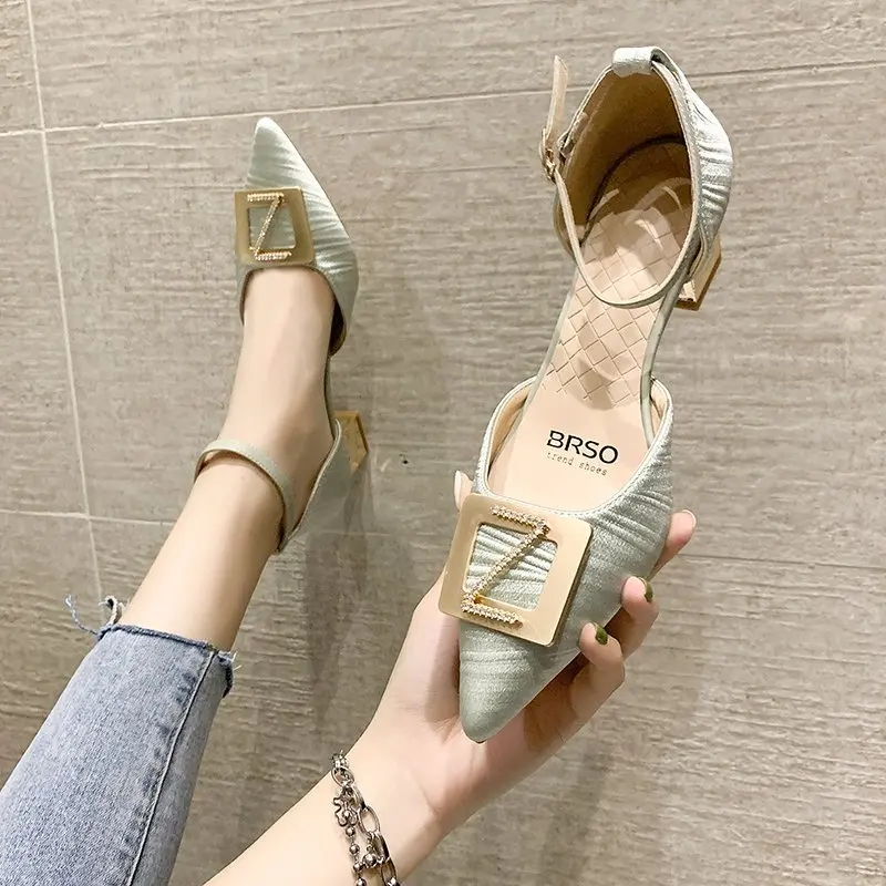 

Buckle Strap Beige Heeled Sandals Comfort Shoes for Women Shallow Mouth Black Girls Clear Block 2021 Fashion Pointed High