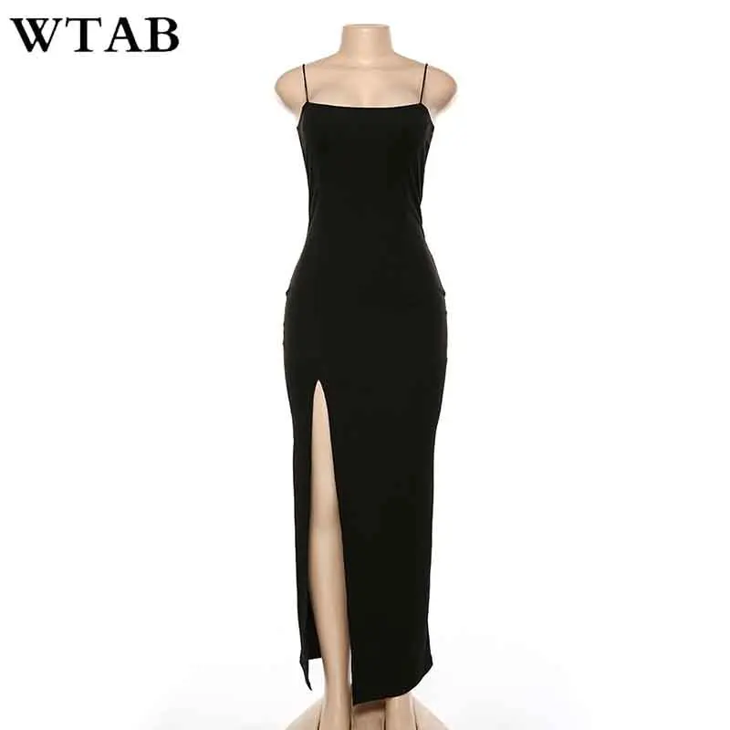 Женское длинное платье карандаш WTAB черное однотонное с разрезом на поясе