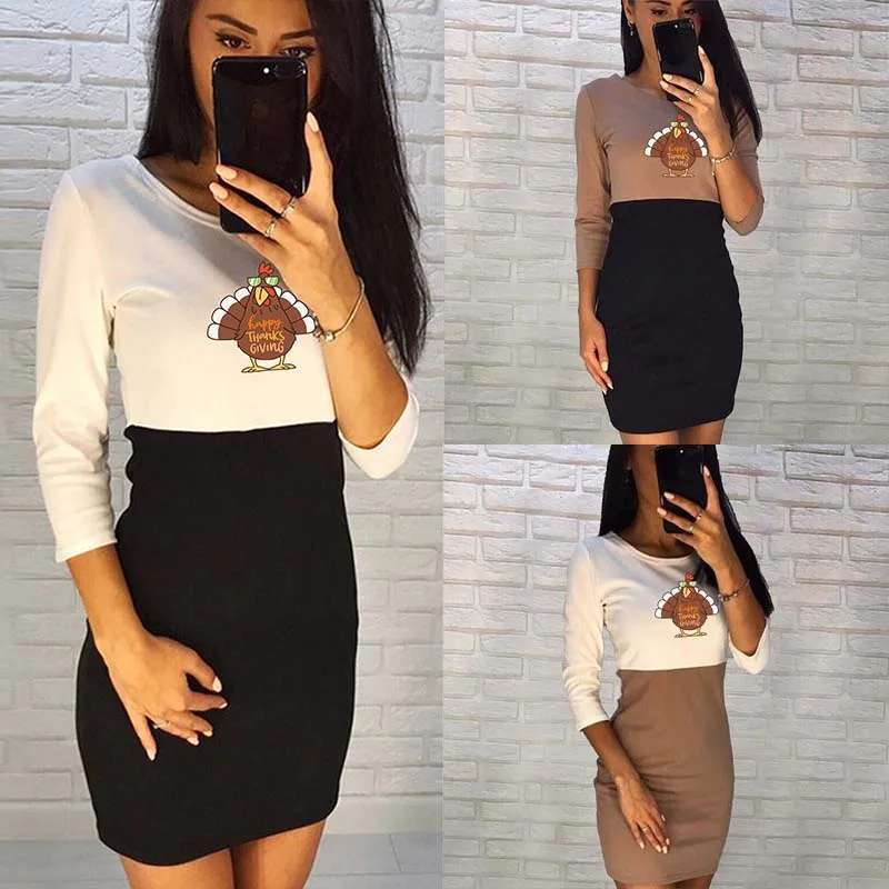 

Sexy Woman Dress Contrast Stitching Three Quarter Sleeve Navidad Dresses Cute Cartoon O Neck Streetwear Fashion Autumn Clothes
