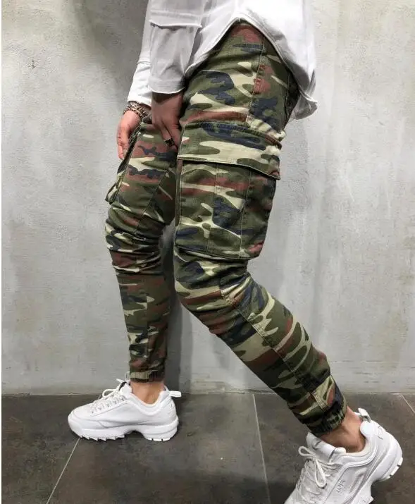 Men Multi-pocket Stretch Jeans Camouflage Elastic-leg Jeans Streetwear Denim Pants Slim Fit Zipper Decoration Ripped Jeans Male