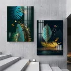 Водонепроницаемый холщовый плакат для дома, настенное искусство, эстетическое Тропическое минималистическое искусство, зеленая и Золотая картина