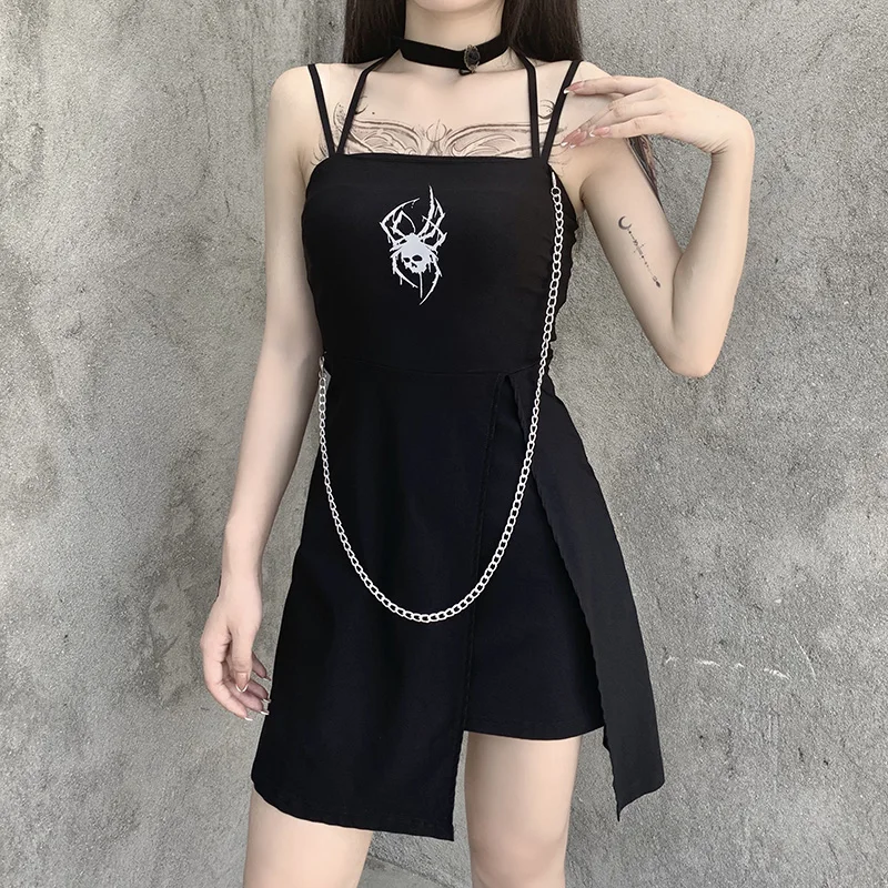 

Cozok Patchwork Halter Aline Dress Gothic Punk Spider Reflective Print Black Mini Dress Female Bandage Slite Sleeveless Dress