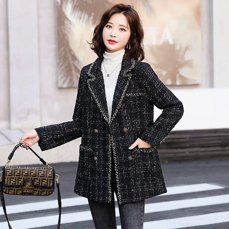 

Autumn And Winter New Women's Loose Plaid Woolen Coat Small Fragrance Coarse Tweed Celebrity Splicing Jacket