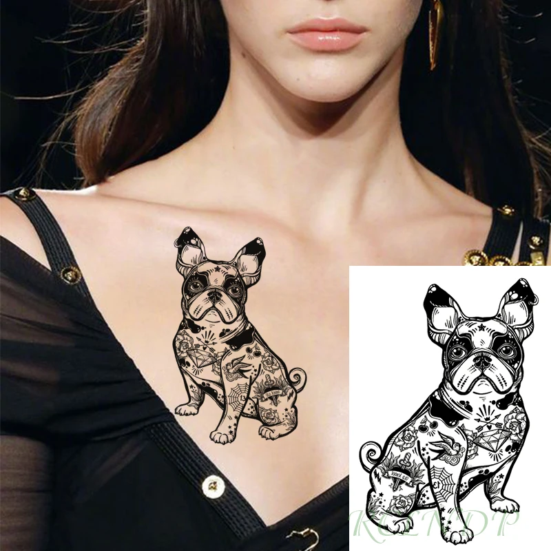 Временная наклейка для татуировки с изображением бульдога, птицы, меча, стрелы, бриллианта и цветка, водонепроницаемая наклейка для татуировки.