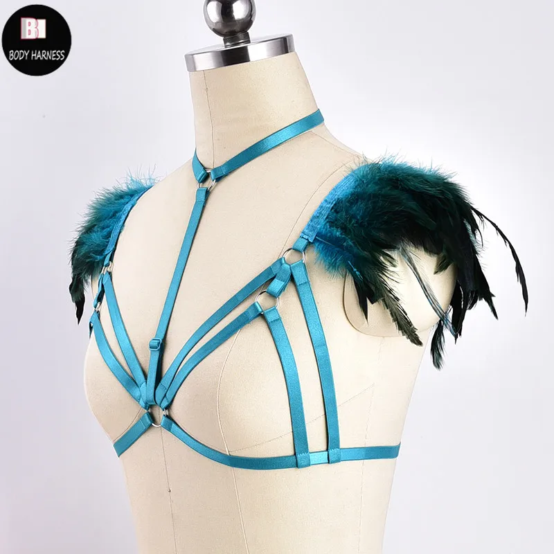 Женский бюстгальтер в стиле панк с портупеей открытой грудью перьевые эполеты |