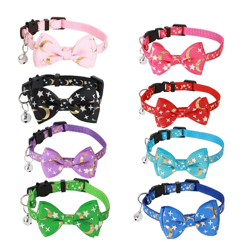 

Adjustable Pet Collar Safety Buckle Cat Necklace Bronzing Ribbon Bow Star Moon Dog Collar with Bell Dog Pet Accessories
