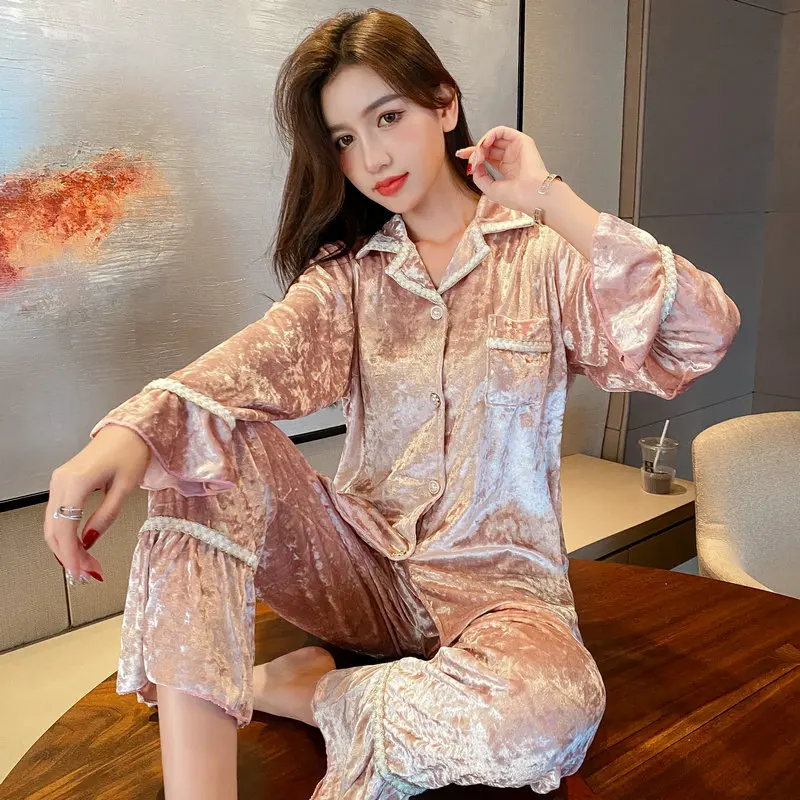 

Pink Shining Women Pajamas Sets 2PCS Sexy Notched Suit Pyjamas Velour Sleepwear Bud Sleeve&Flare Pant Nightwear XXL Home Wear