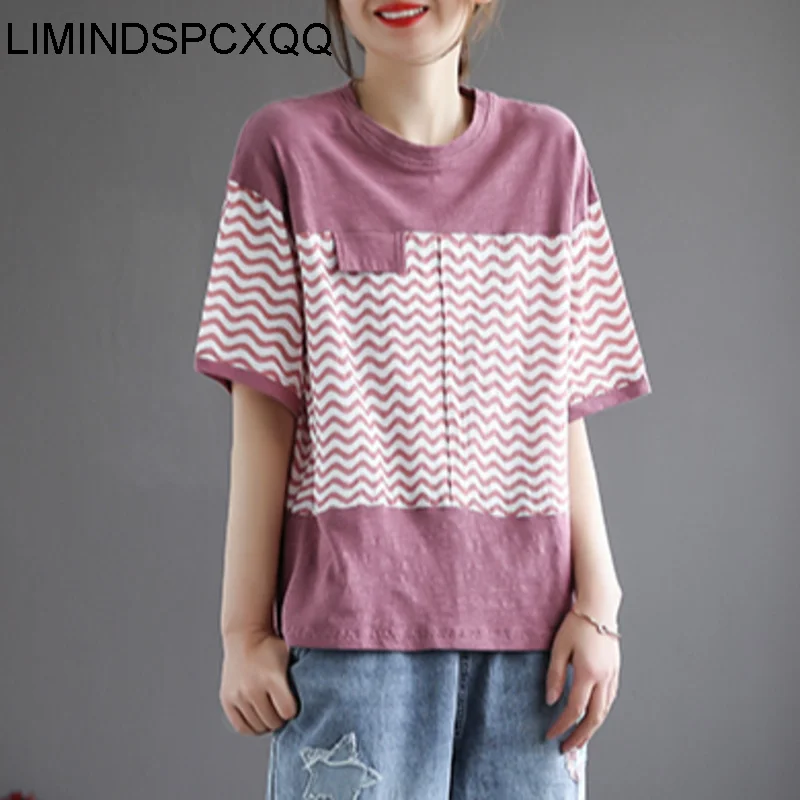

LIMINDSPCXQQ 2021 Summer Fashion Girls Wave Striped Splicing Tshirts Womens Casual Loose Tee Female Short Sleeve Tops Plus Size