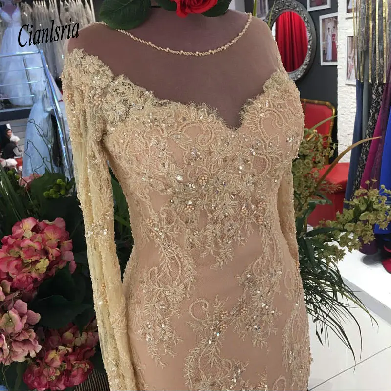 Arabic Luxurious Mermaid Lace Prom Dresses Sheer Neck Long Sleeves Beaded Mother Of Groom Sexy Evening Gown | Свадьбы и торжества