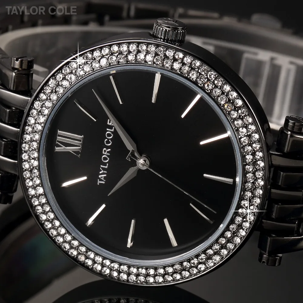 

Aglaia TAYLOR COLE Zegarek Damski Rhinestone Crystal Case Black Stainless Steel Strap Women Quartz Dress Watches Relogio /TC004