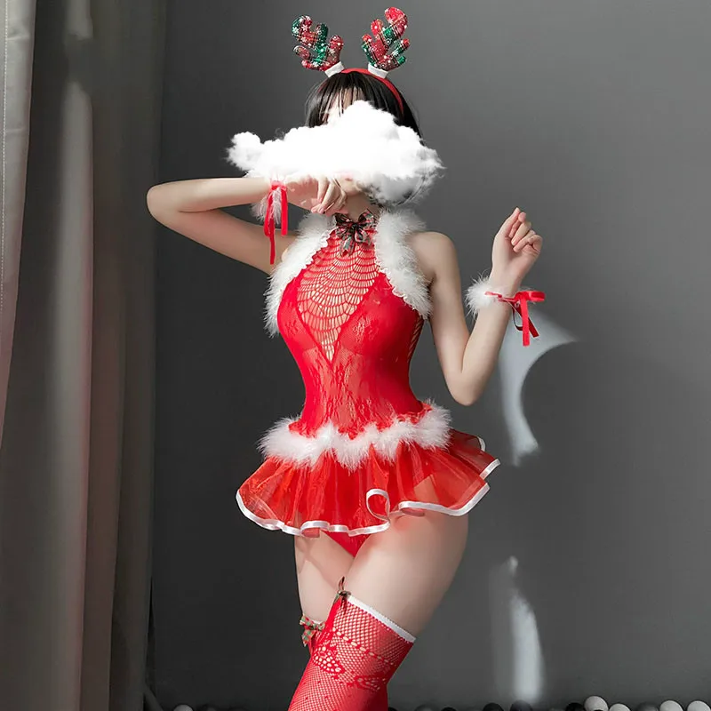 

Christmas Red Elk Headband Cosplay Costumes Hollow Out Outfit Temptation Sexy Lingerie Lace Plush Fishnet Bodysuit Dress Uniform