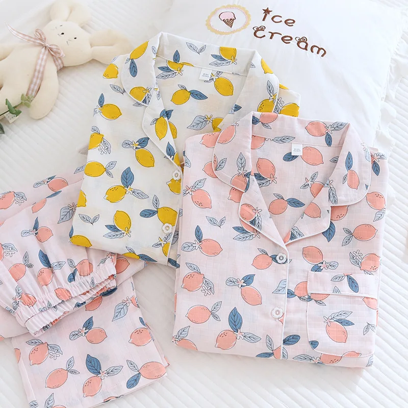 

New Spring 100%Cotton Pajamas For Women Lovely Lemon Print Lounge Wear Set Long Sleeve Loose Sleepwear Female Gauze Home Clothes